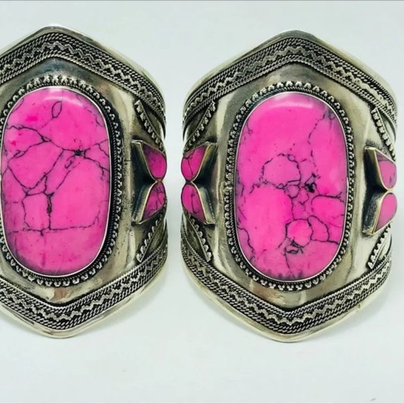 Single Vintage Afghan Cuff: Pink Stone Tribal Boho Bracelet - Picture 6 of 9